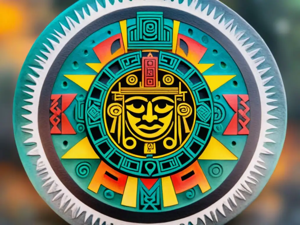 Detallada ilustración de la piedra del calendario Azteca, con símbolos y glifos del Náhuatl