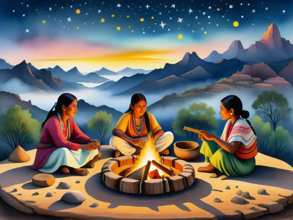 Una detallada pintura de acuarela que muestra la riqueza lingüística y cultural Tarahumara en actividades tradicionales bajo un cielo estrellado