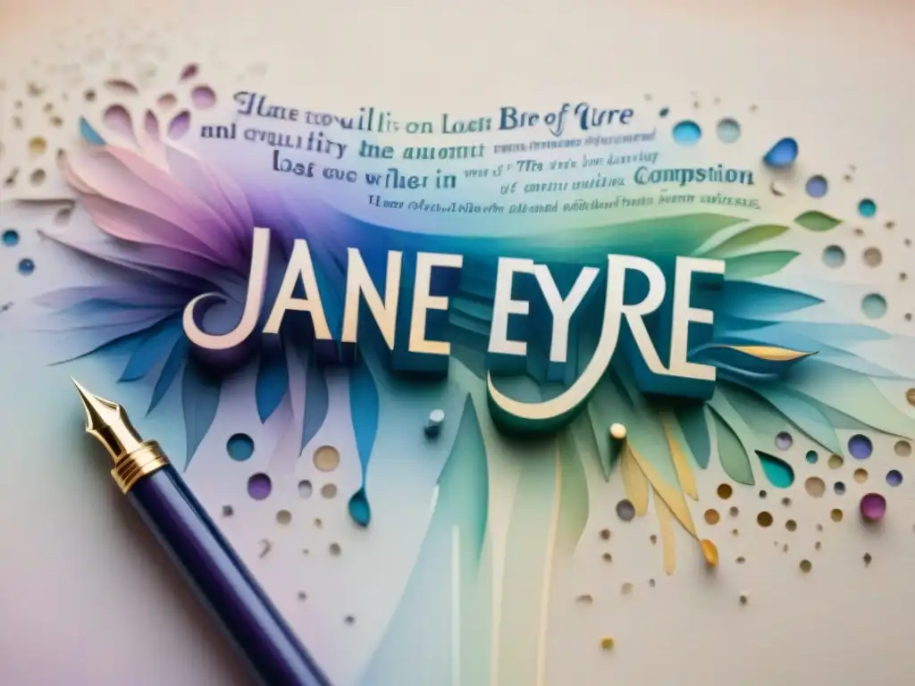 Detallada ilustración acuarela de pluma vintage traduciendo 'Jane Eyre' en matices, rodeada de mosaicos de idiomas y colores vibrantes