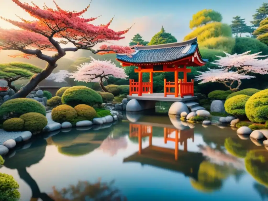 Ilustración detallada de un sereno jardín japonés con árboles de cerezo en flor y un torii rojo, reflejando la belleza tranquila de Japón