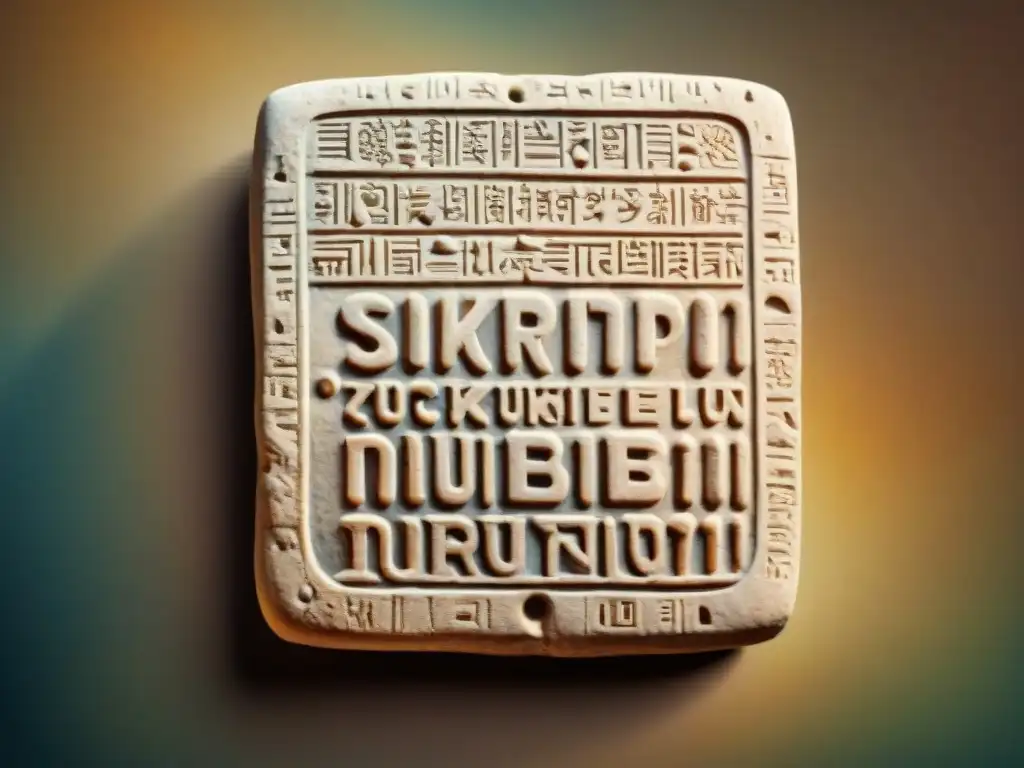 Detallada tableta de barro sumeria con intrincado cuneiforme en tonos terrosos y pinceladas delicadas, Palabras sumerias en léxico