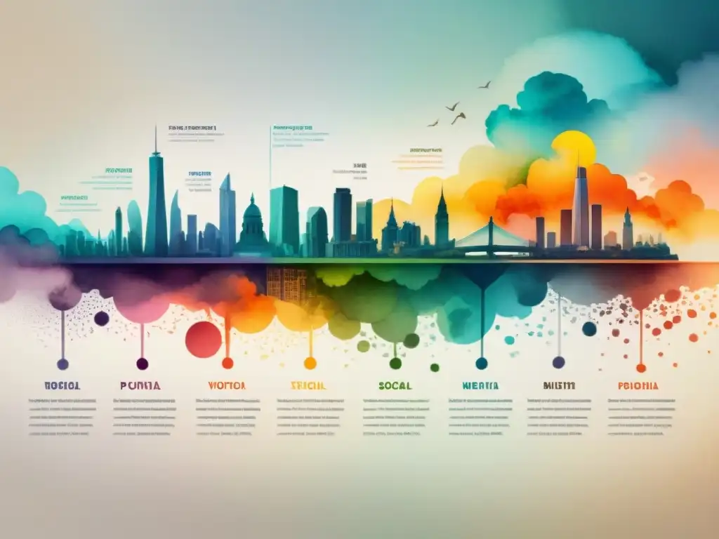 Ilustración acuarela detallada: evolución semántica términos políticos en vibrante paleta de colores, símbolos y movimientos sociales