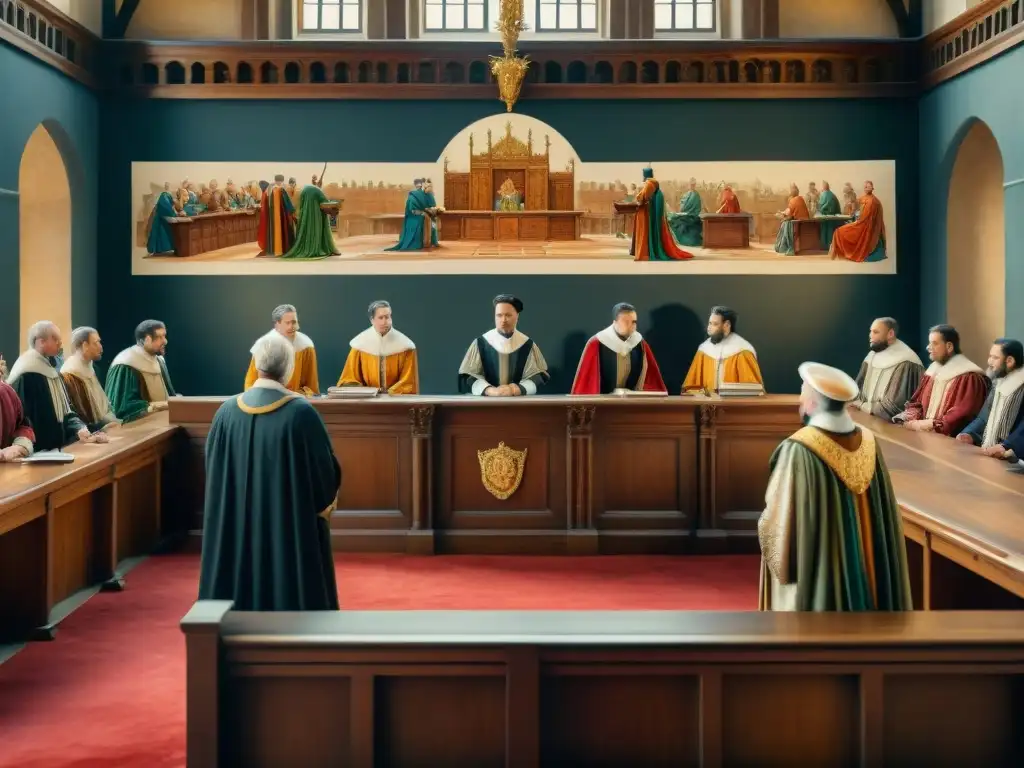 Ilustración acuarela detallada de un tribunal medieval, evocando la Evolución del Inglés Jurídico en los Tribunales