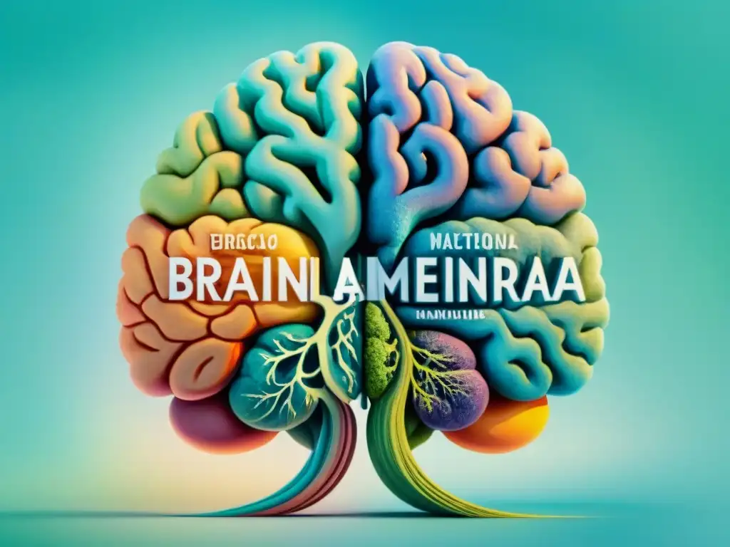 Un detallado dibujo en acuarela muestra dos hemisferios cerebrales interconectados con 'Lengua materna' y 'Second Language'