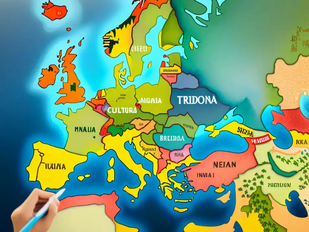 Un detallado mapa antiguo de Europa y Asia, adornado con motivos florales y caligrafía, muestra los orígenes comunes de los nombres en ambas regiones