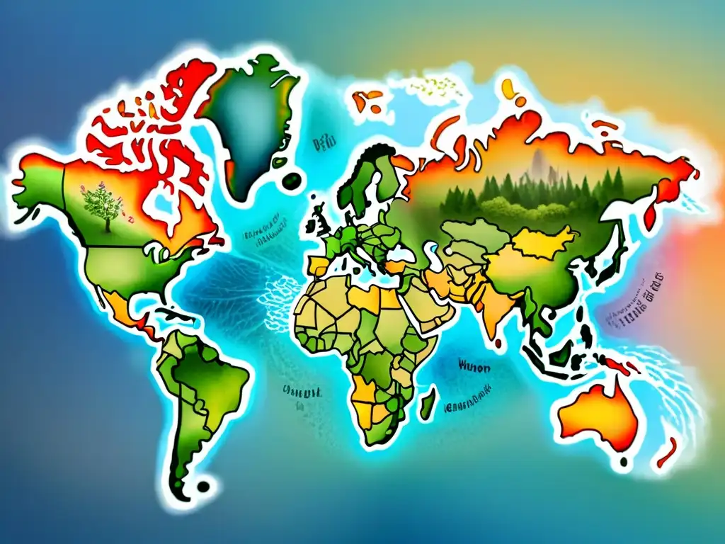 Un detallado mapa mundial en acuarela con una red de conexiones lingüísticas, mostrando la influencia de anglicismos en idiomas