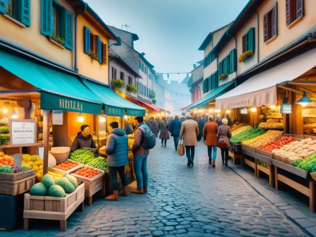 Mercado vibrante de ciudad europea: ilustración acuarela detallada en 8k Un detallado mercado europeo en acuarela, con turistas y locales, reflejando la esencia de intercambio cultural