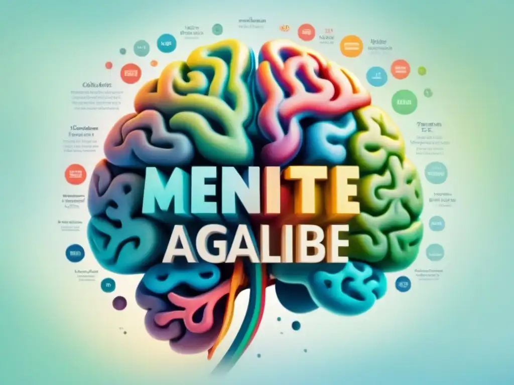 Detalle de ilustración acuarela de un cerebro vibrante dividido en 'Mente Ágil' y 'Agile Mind', con conexiones neuronales y burbujas de pensamiento, simbolizando beneficios cognitivos del bilingüismo