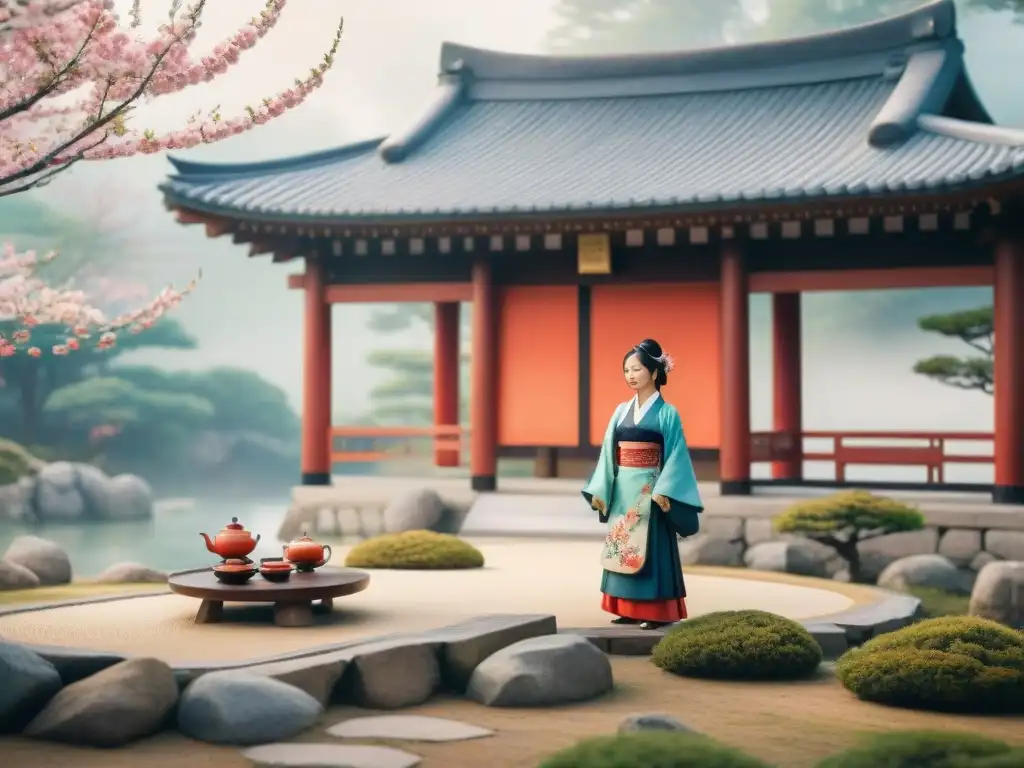 Detalle de jardín japonés con hanbok en ceremonia de té, fusionando influencia recíproca japonés coreano