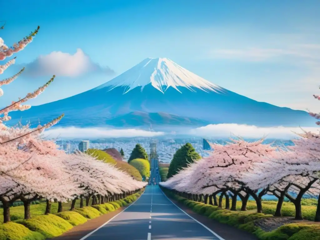 Detalle acuarela de cerezos en flor con Monte Fuji al fondo, creando atmósfera serena