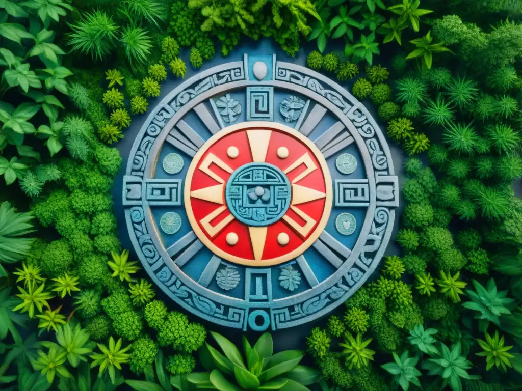 Detalle colorido de la piedra del calendario azteca en la naturaleza exuberante