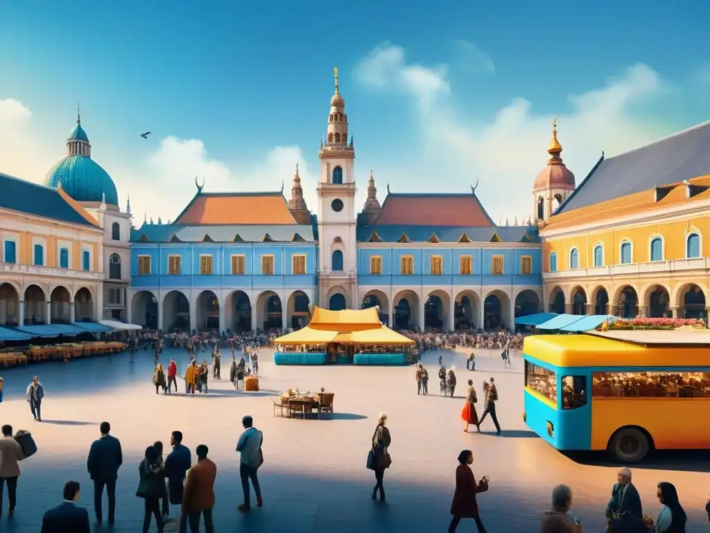 Detalle vibrante de plaza turística con turistas de todo el mundo admirando la arquitectura