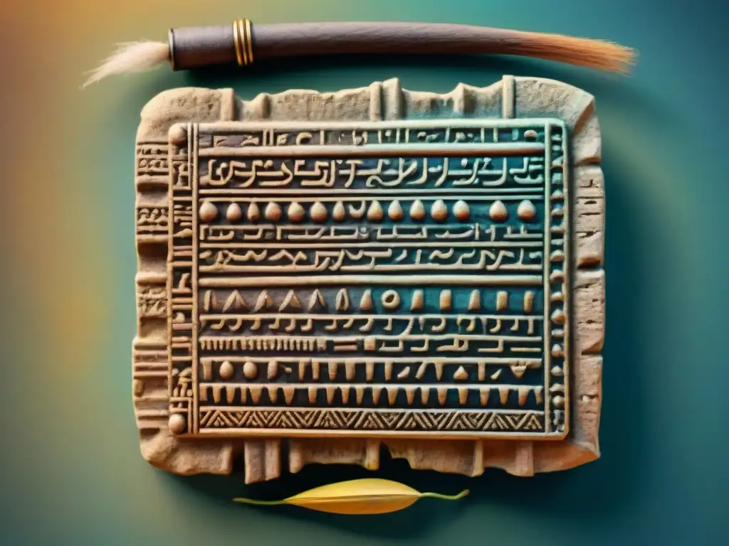 Detalle vibrante de una tablilla sumeria con cuneiforme, reflejando la complejidad y belleza del antiguo sistema de escritura