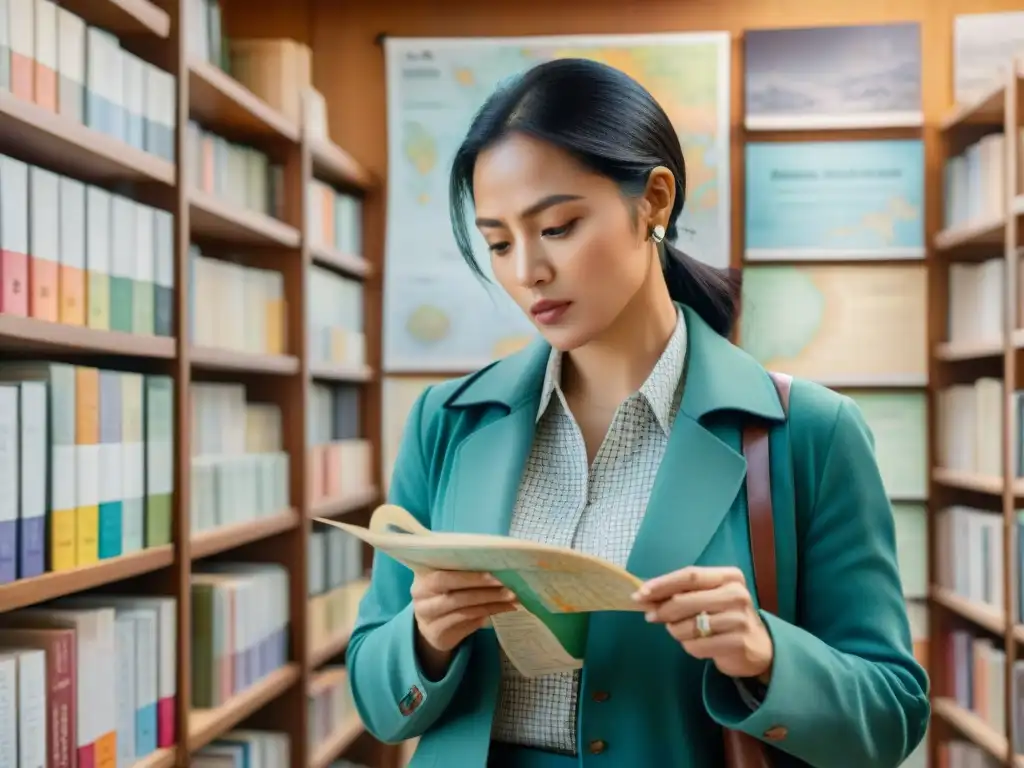 Una detective hispana examina mapas con dialectos en resolución de crímenes, rodeada de libros sobre lingüística