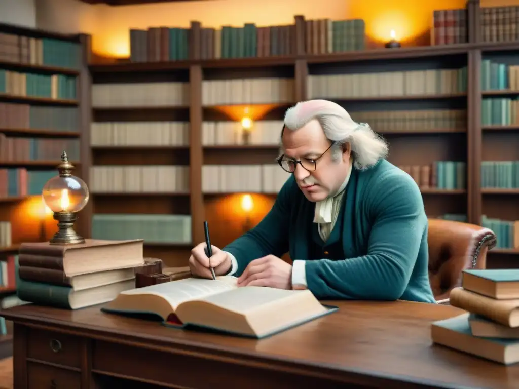 Samuel Johnson compilando su diccionario inglés estándar en una acuarela detallada y encantadora, rodeado de libros y papeles