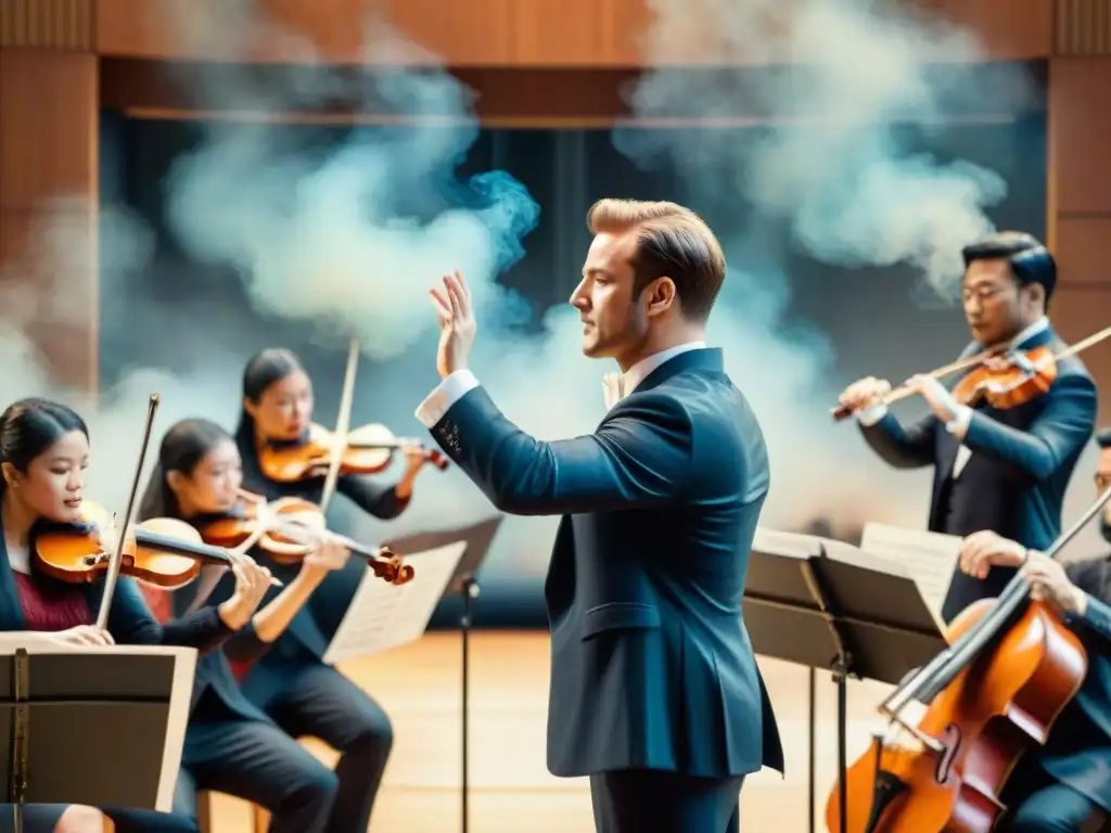 Un director lidera una orquesta con instrumentos tradicionales de diversas culturas, simbolizando el 'Revivir lenguas a través música'