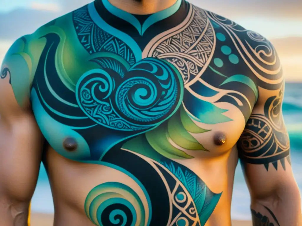 Un diseño intrincado de tatuaje tradicional polinesio, con patrones y motivos simbólicos en acuarela en tonos vibrantes