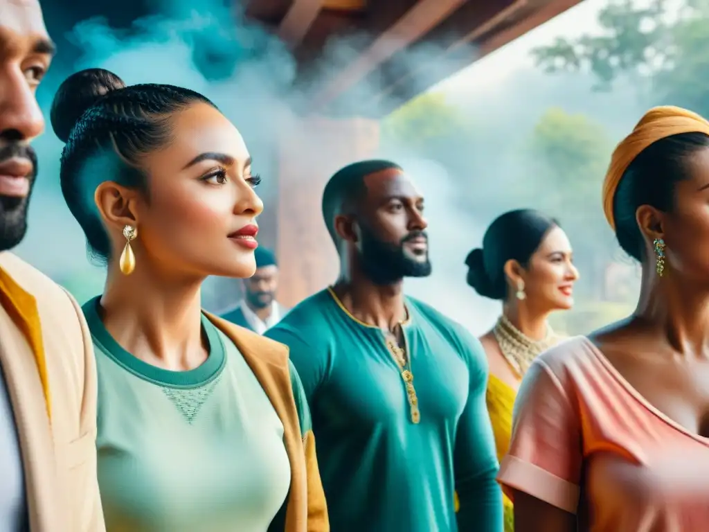 Ilustración acuarela de diversidad cultural en animada conversación, reflejando adaptación lingüística en traducción dialectos