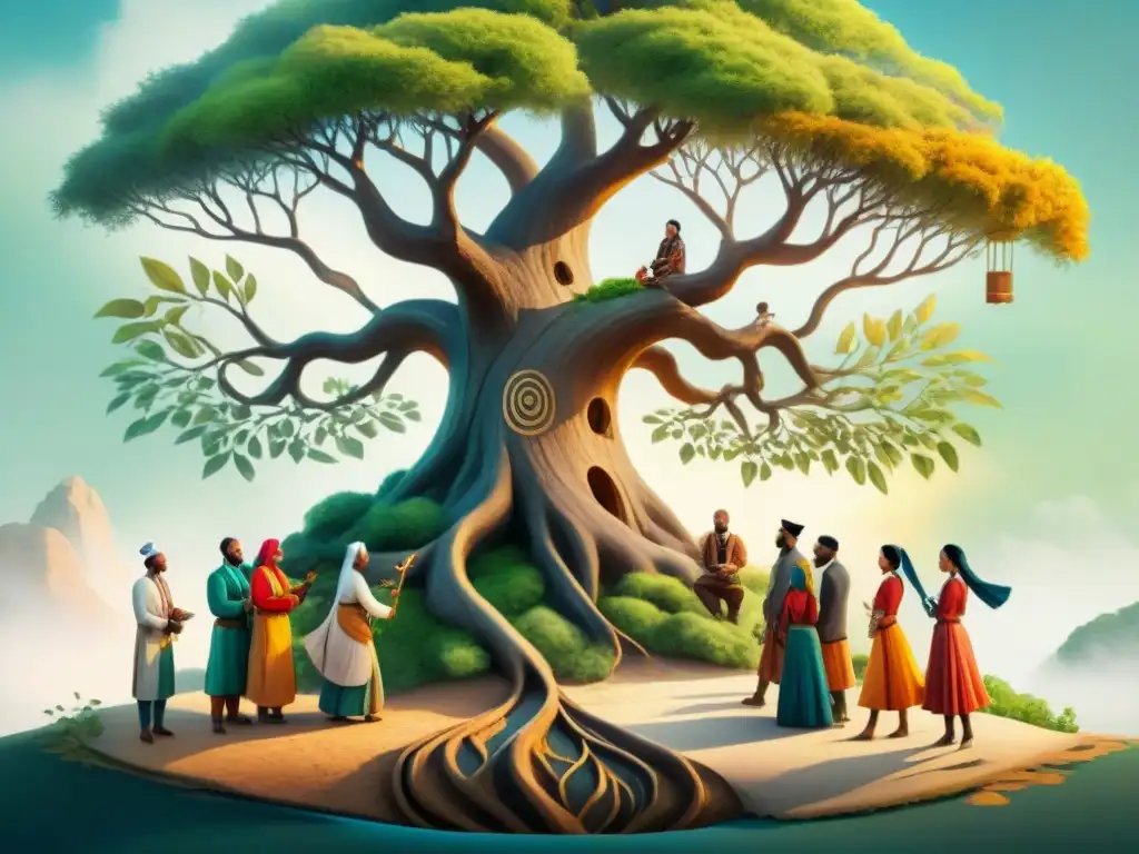 Ilustración acuarela de diversidad cultural alrededor de un árbol antiguo, con actividades culturales y cintas representando lenguas en peligro