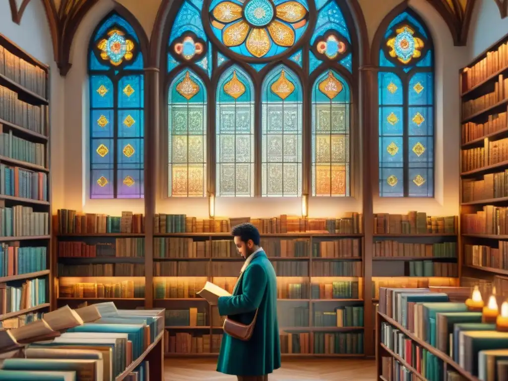 Diversidad cultural e identidad a través de literatura: Personas de diferentes culturas leyendo en biblioteca iluminada