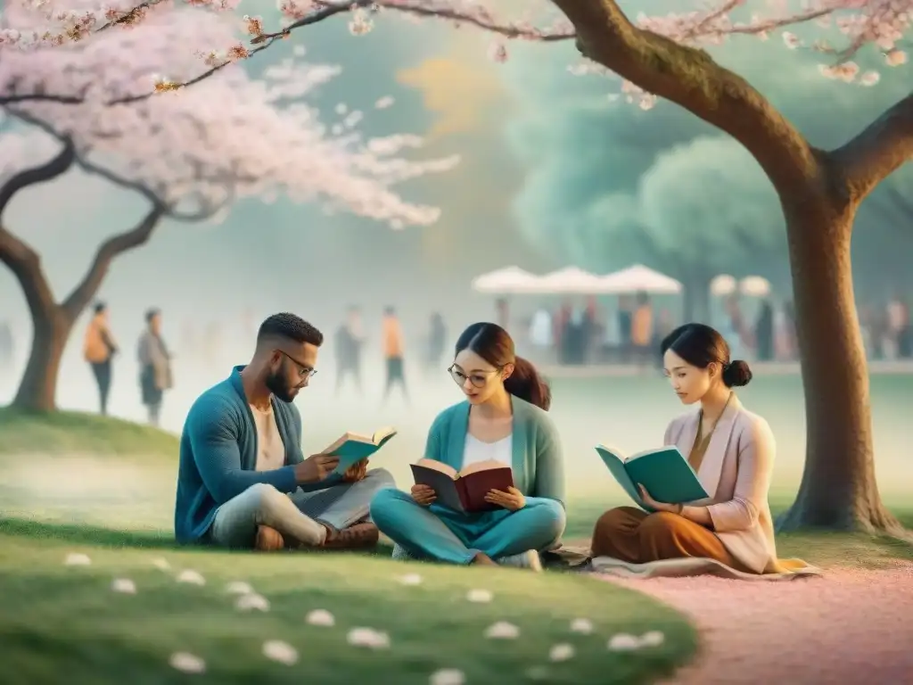 Ilustración acuarela de diversidad cultural leyendo en lenguas minoritarias innovadoras en un parque con cerezos en flor