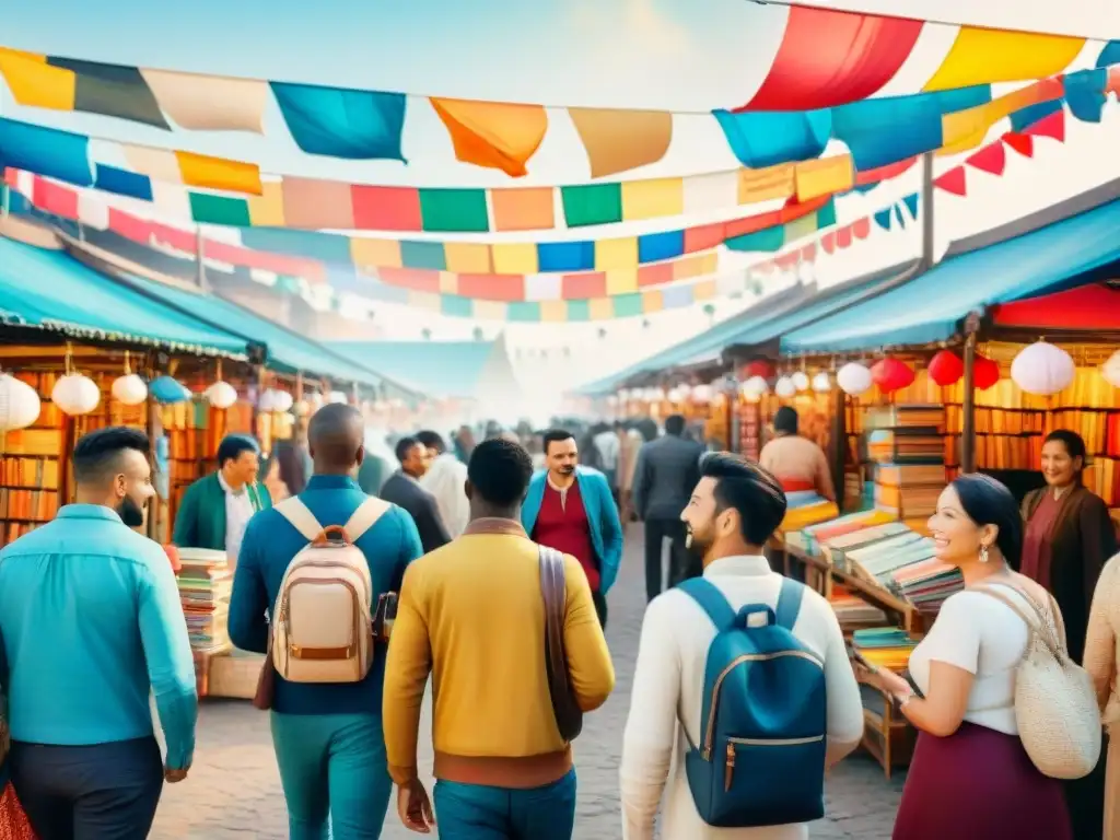 Ilustración acuarela de diversidad cultural y lingüística en un mercado vibrante, uniendo a personas de distintas culturas