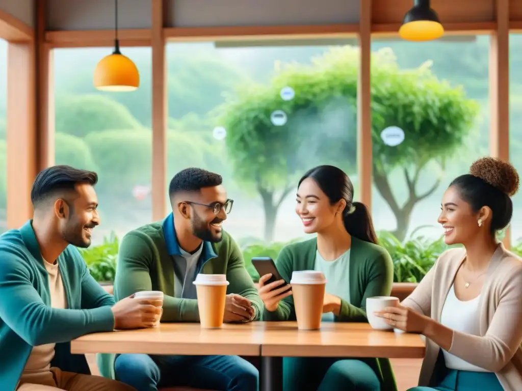 Un diverso grupo aprende lenguas minoritarias con apps en un café acogedor