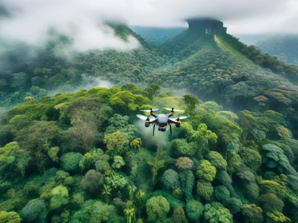 Documentación de lenguas remotas con drones: Vista aérea de la exuberante selva con aves exóticas en detallado acuarela