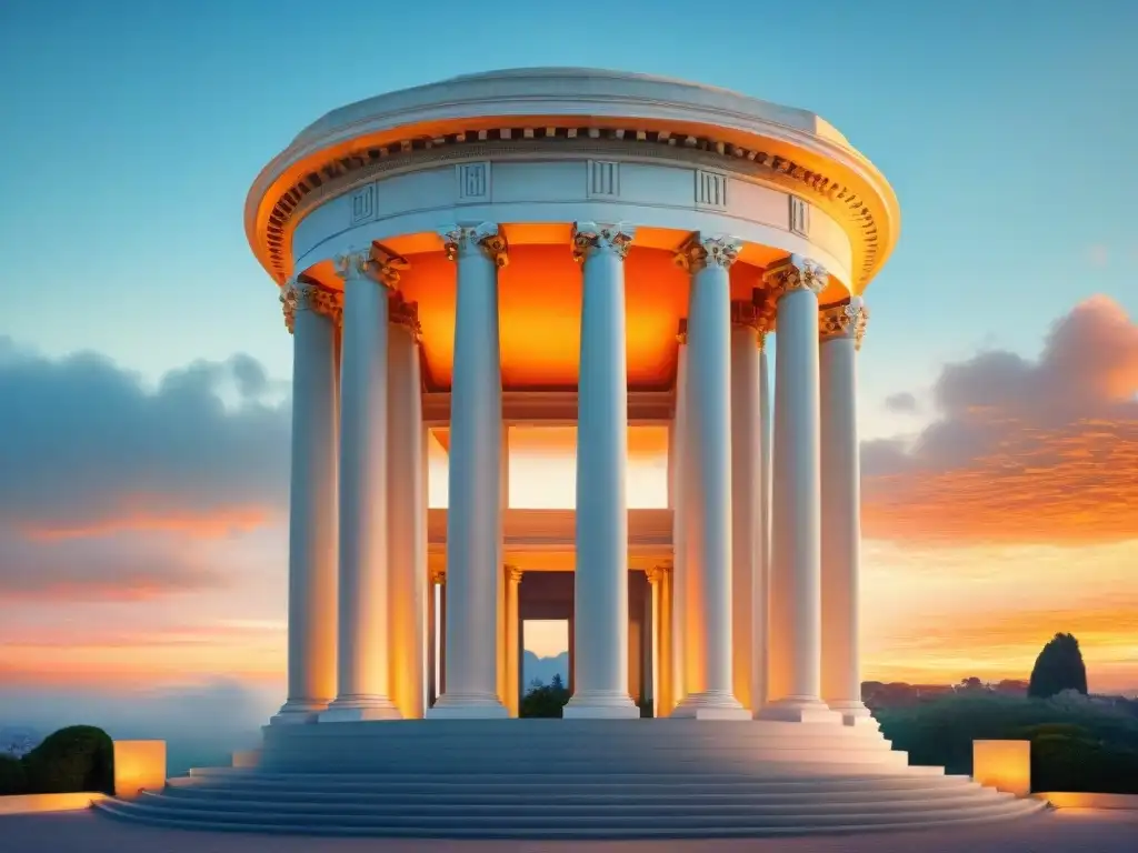 Un edificio majestuoso fusionando columnas romanas con diseño moderno, bañado por un cálido atardecer