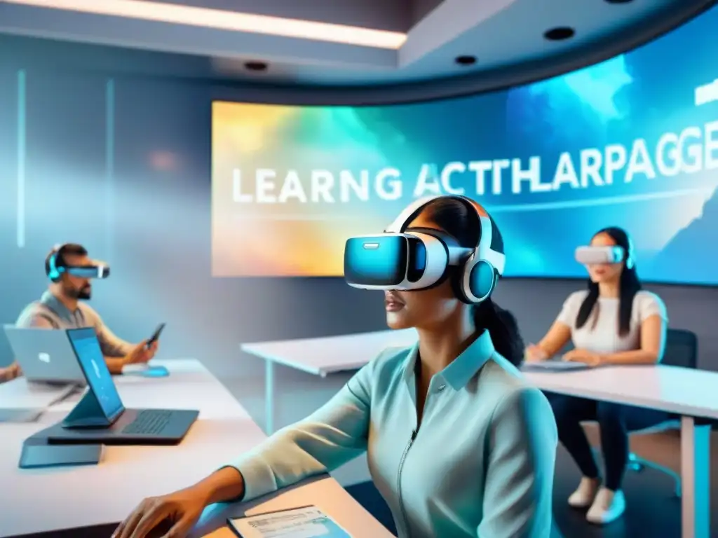 Aprendizaje de idiomas con tecnología futurista Un emocionante aula futurista donde la tecnología se fusiona con las tendencias de aprendizaje de idiomas