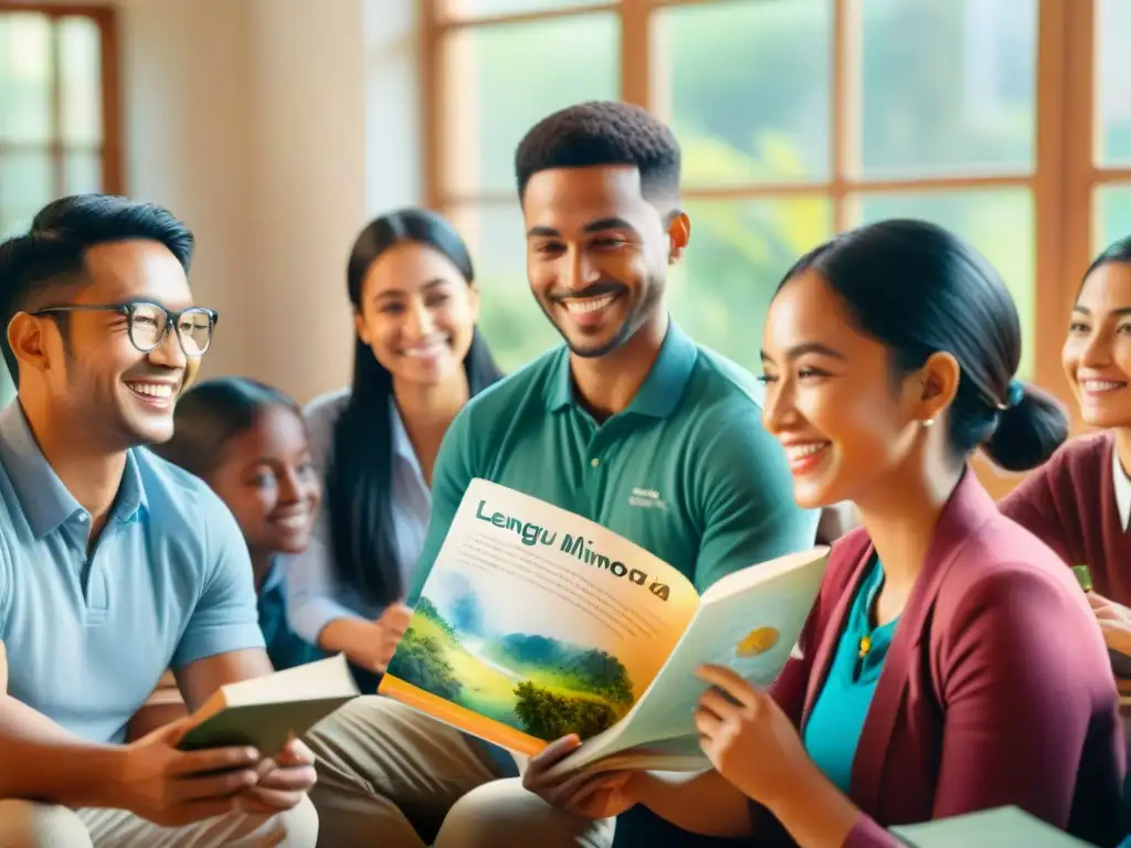 Una emocionante clase de lengua minoritaria con estudiantes de diversas edades y etnias en animada conversación