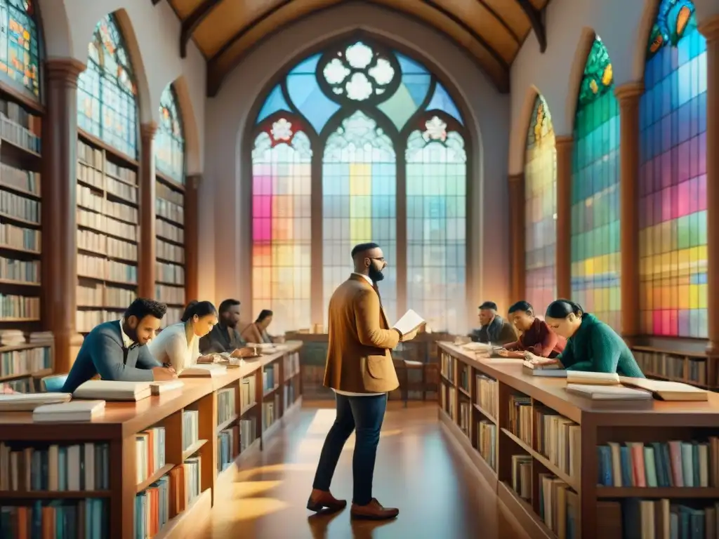 Un emocionante cuadro acuarela 8k, muestra personas diversas de diferentes culturas, escribiendo en sus dialectos únicos en una biblioteca vibrante