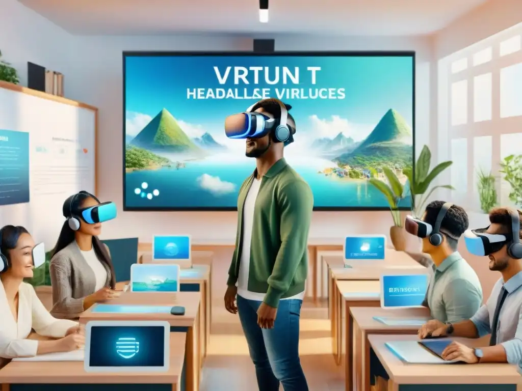 Un emocionante grupo de estudiantes usa auriculares de Realidad Virtual para aprender idiomas en un aula futurista