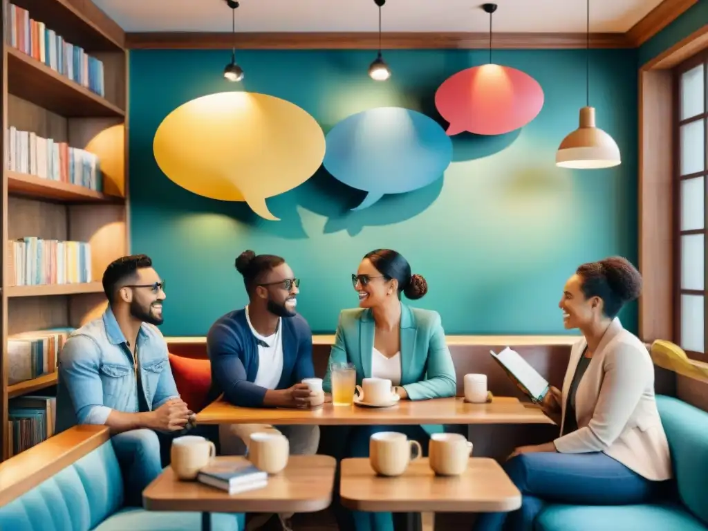 Encantadora ilustración acuarelada de personas de diversas culturas conversando en una cafetería acogedora, con libros de idiomas de fondo