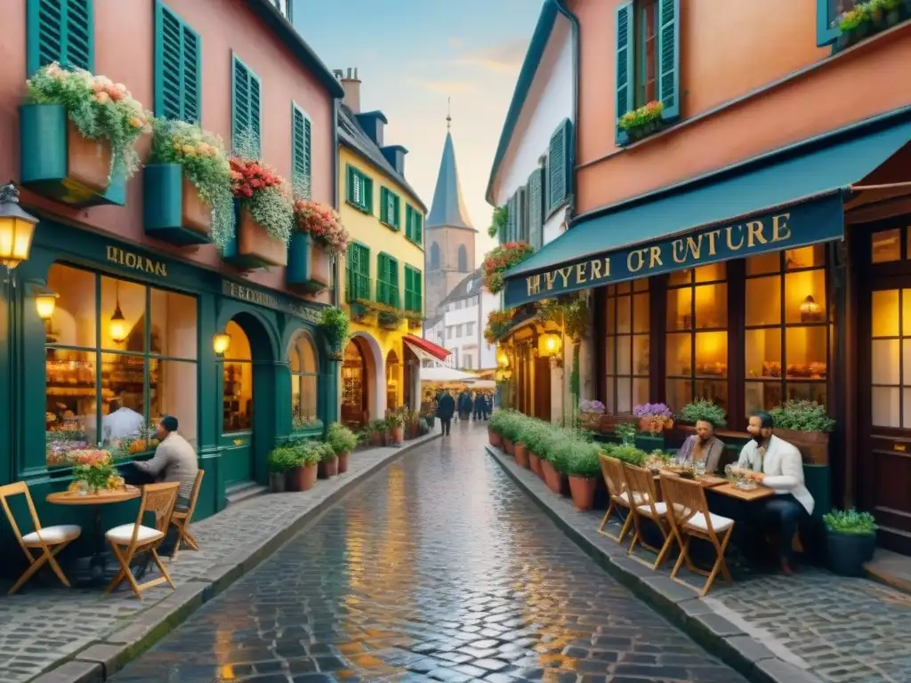 Encantadora calle empedrada europea en acuarela con lluvia, cafés y flores