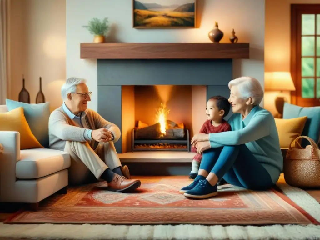 Encantadora ilustración de una familia junto a la chimenea, compartiendo historias