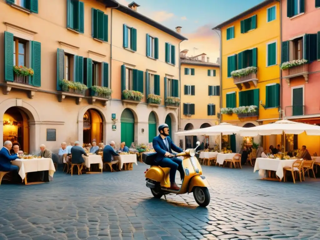 Encantadora plaza italiana con edificios coloridos, mesas de cafés y una Vespa