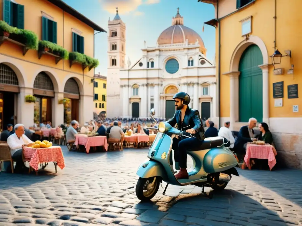 Encantadora plaza italiana con turistas y locales disfrutando gelato bajo el sol mediterráneo, Vespa en calle empedrada y catedral histórica al fondo