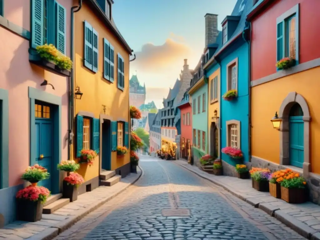 Explora la encantadora Rue de Quebec con coloridos edificios históricos, Chateau Frontenac al fondo y peatones hablando francés