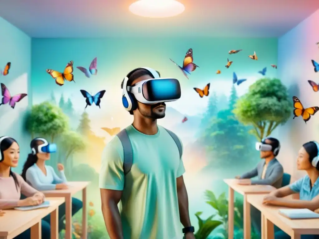 Un entorno de aprendizaje de idiomas con realidad virtual para aprender idiomas, rodeado de naturaleza y mariposas