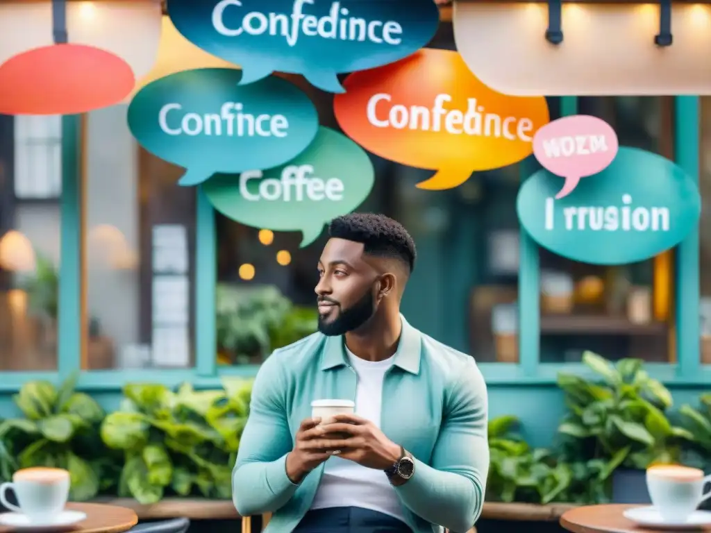 Un entorno tranquilo con burbujas de palabras motivadoras para mejorar el speaking inglés