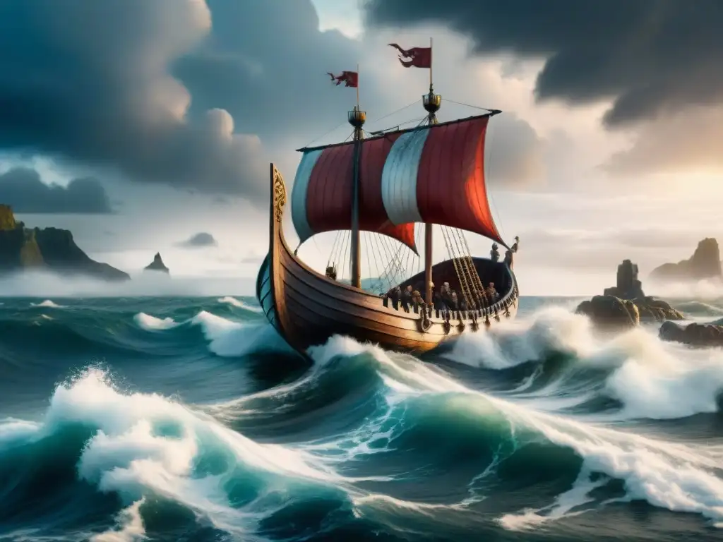 Una épica ilustración acuarela de un majestuoso barco vikingo surcando mares tormentosos con guerreros determinados