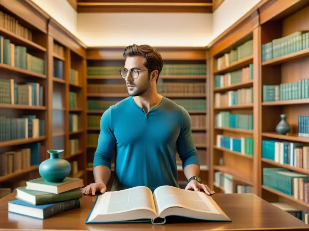 Un erudito pronunciando antiguos dialectos griegos en una biblioteca serena