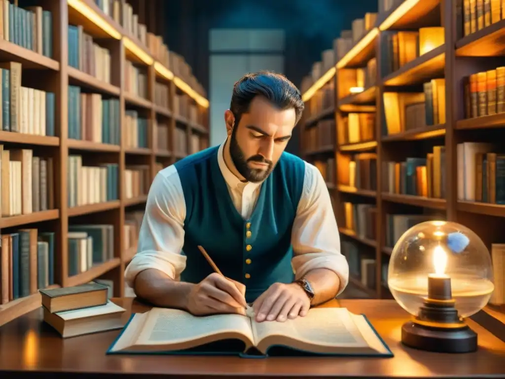 Un erudito griego clásico inmerso en el estudio de antiguos textos rodeado de pergaminos en una biblioteca iluminada por una lámpara de aceite