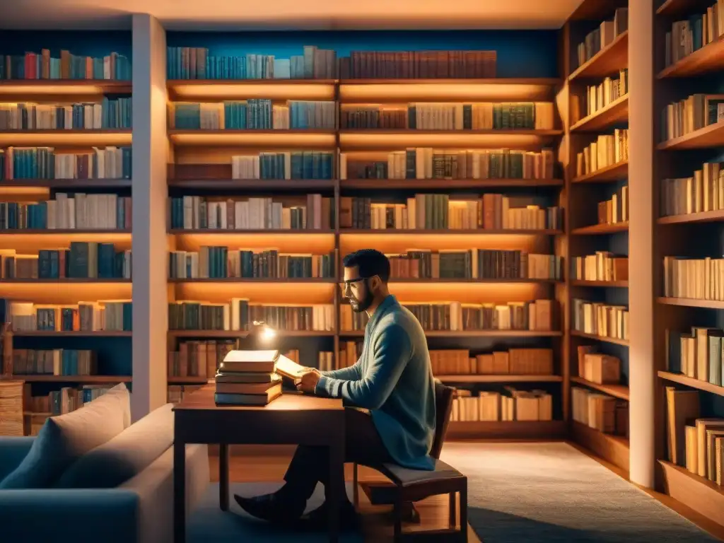 Un erudito inmerso en la lectura, rodeado de libros, en un estudio acogedor bajo la luz de una lámpara, simbolizando la evolución de la teoría de la traducción literaria