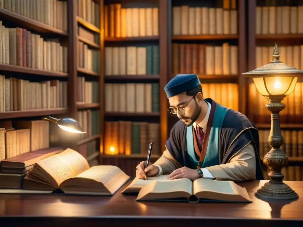 Un erudito traduce textos antiguos indo-europeos en una biblioteca iluminada por una lámpara de escritorio, rodeado de manuscritos