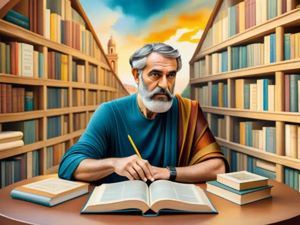 Debate filosófico entre griego y romano en acuarela Dos eruditos discuten entre libros y pergaminos en una pintura de acuarela