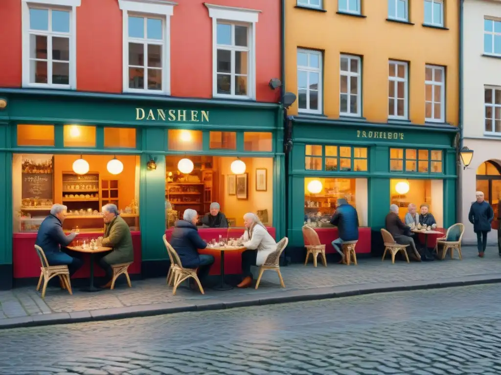 Escena acogedora de café en Copenhague con conversación en danés como local