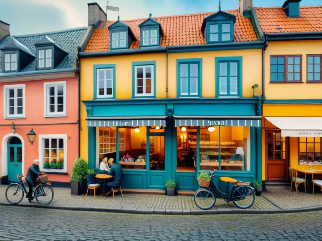 Escena acogedora en un café danés con conversación animada y arquitectura colorida en un día nublado