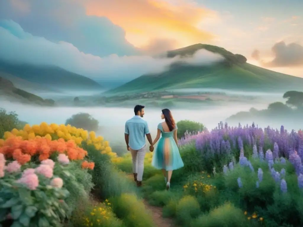 Una escena de amor donde historias cruzan fronteras idiomáticas, con pareja dialogando en español e inglés entre flores y paisaje sereno en acuarela